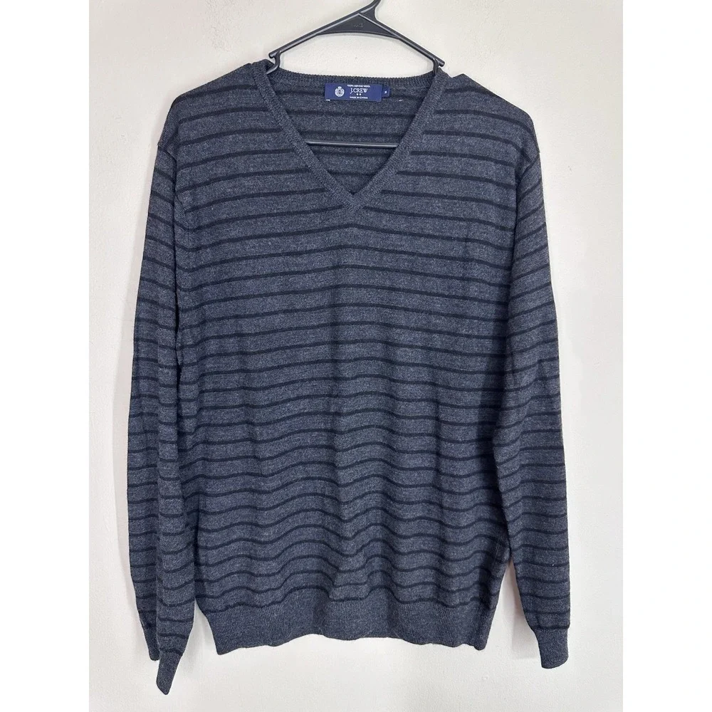 J.Crew 100% Merino Wool V-Neck Pullover Sweater‎ Gray Brown Striped Mens MEDIUM